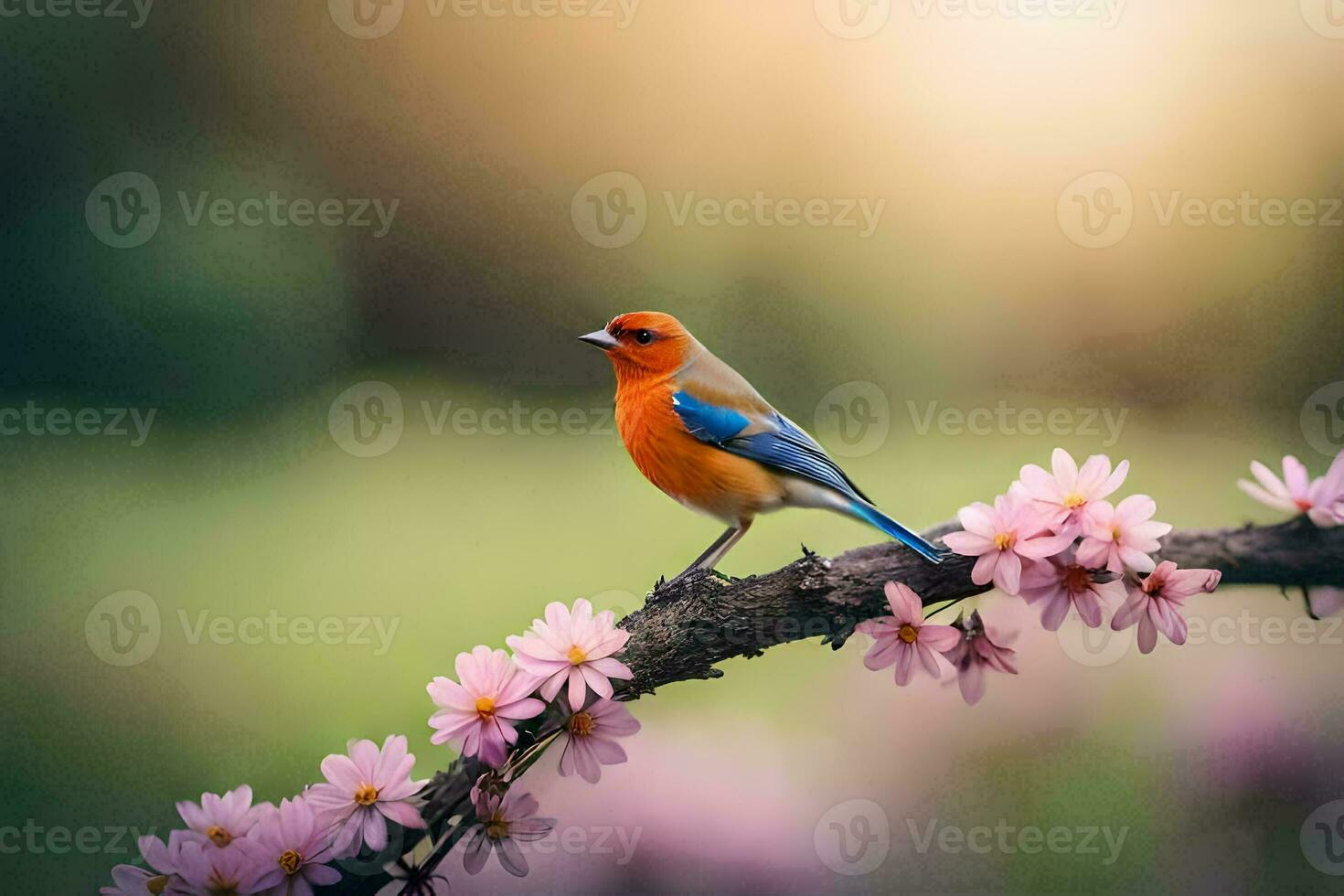 Foto tapet de himmel, fågel, vår, blommor, de Sol, fågel, vår, de. ai-genererad