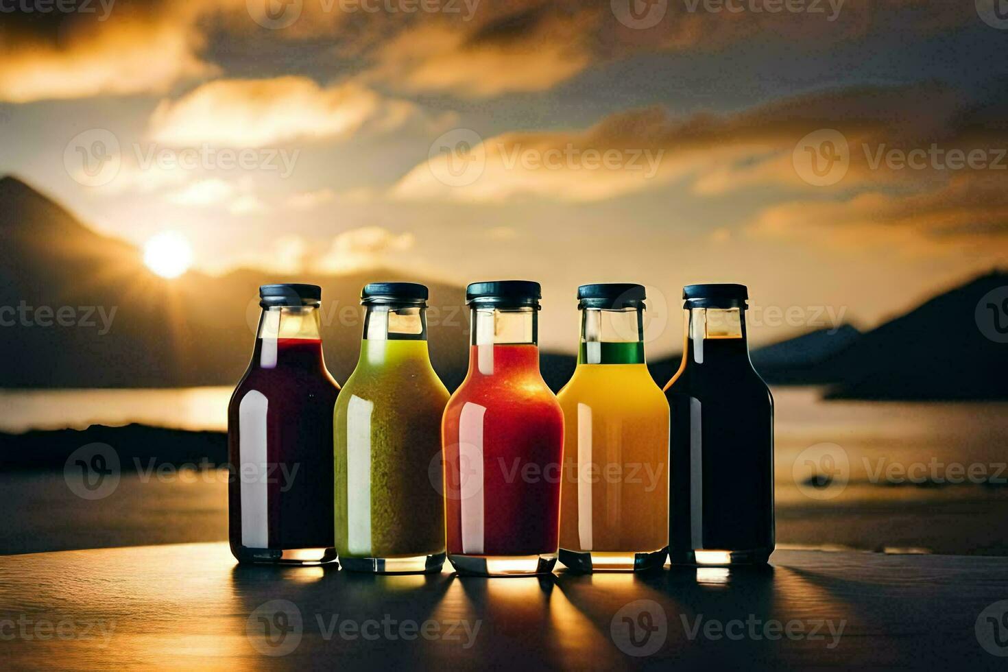 fem flaskor av juice Sammanträde på en tabell med de Sol miljö Bakom dem. ai-genererad foto