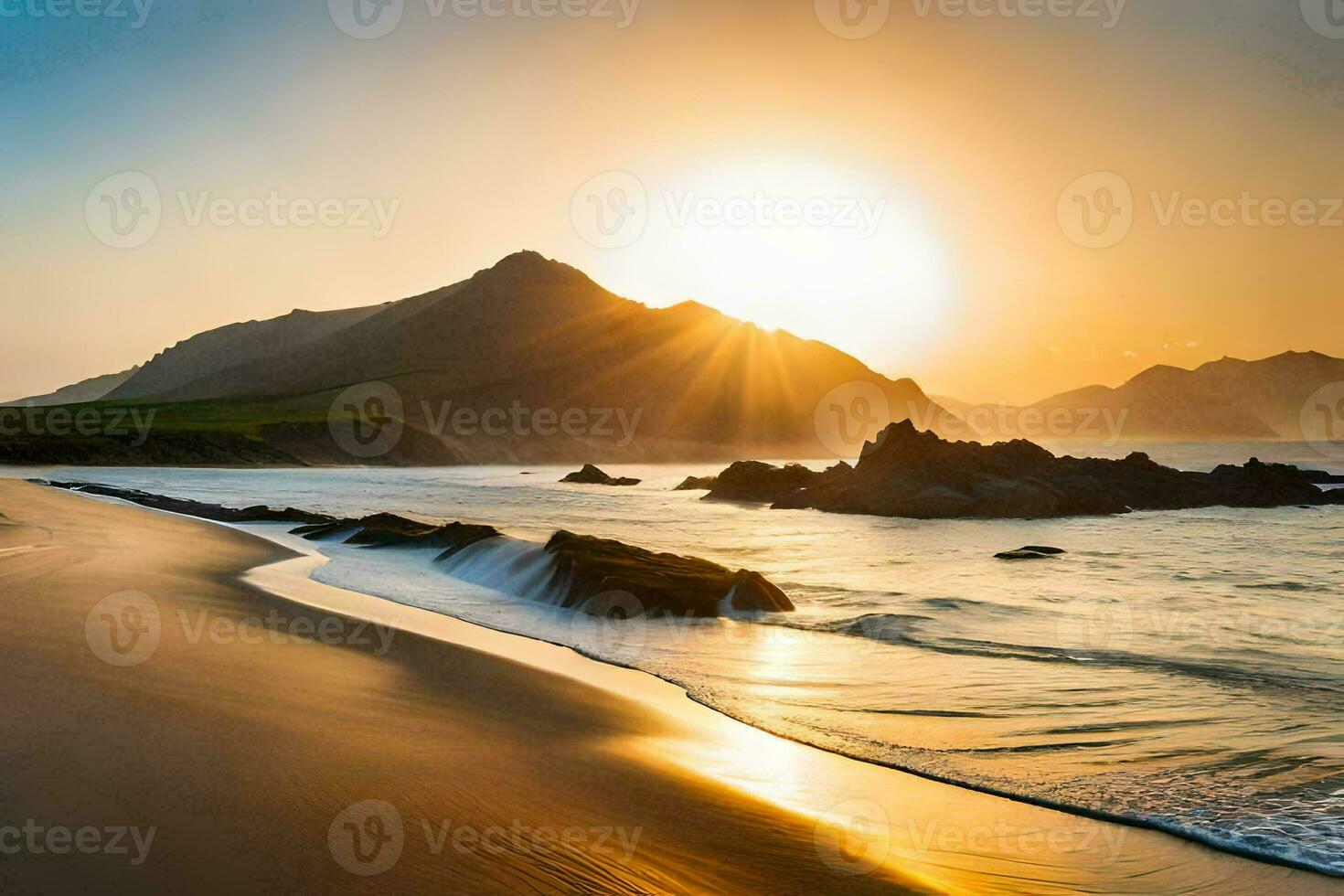 de Sol stiger över de hav och bergen i detta skön landskap. ai-genererad foto