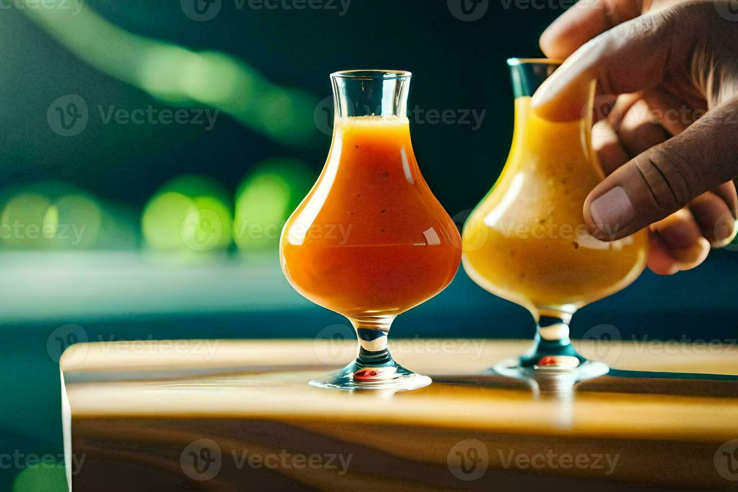 två glasögon av orange juice på en tabell. ai-genererad foto