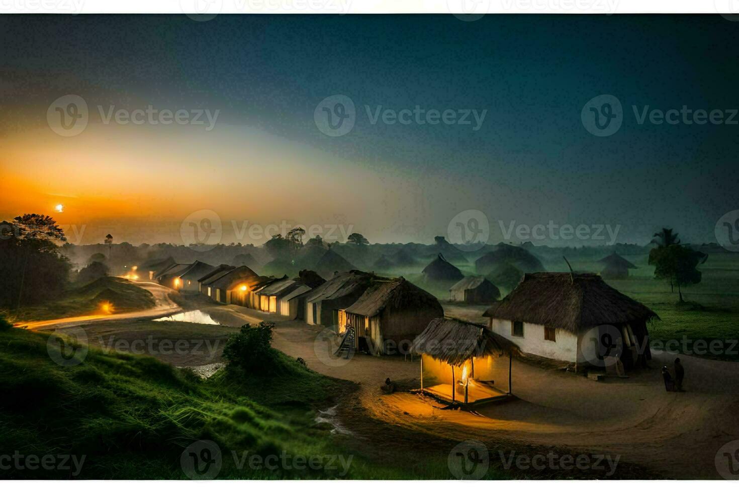 en by på solnedgång med halmtak hyddor. ai-genererad foto