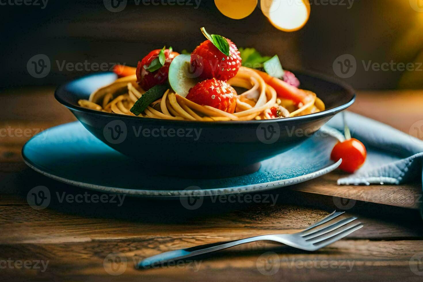 en tallrik av pasta med jordgubbar och tomater på en trä- tabell. ai-genererad foto