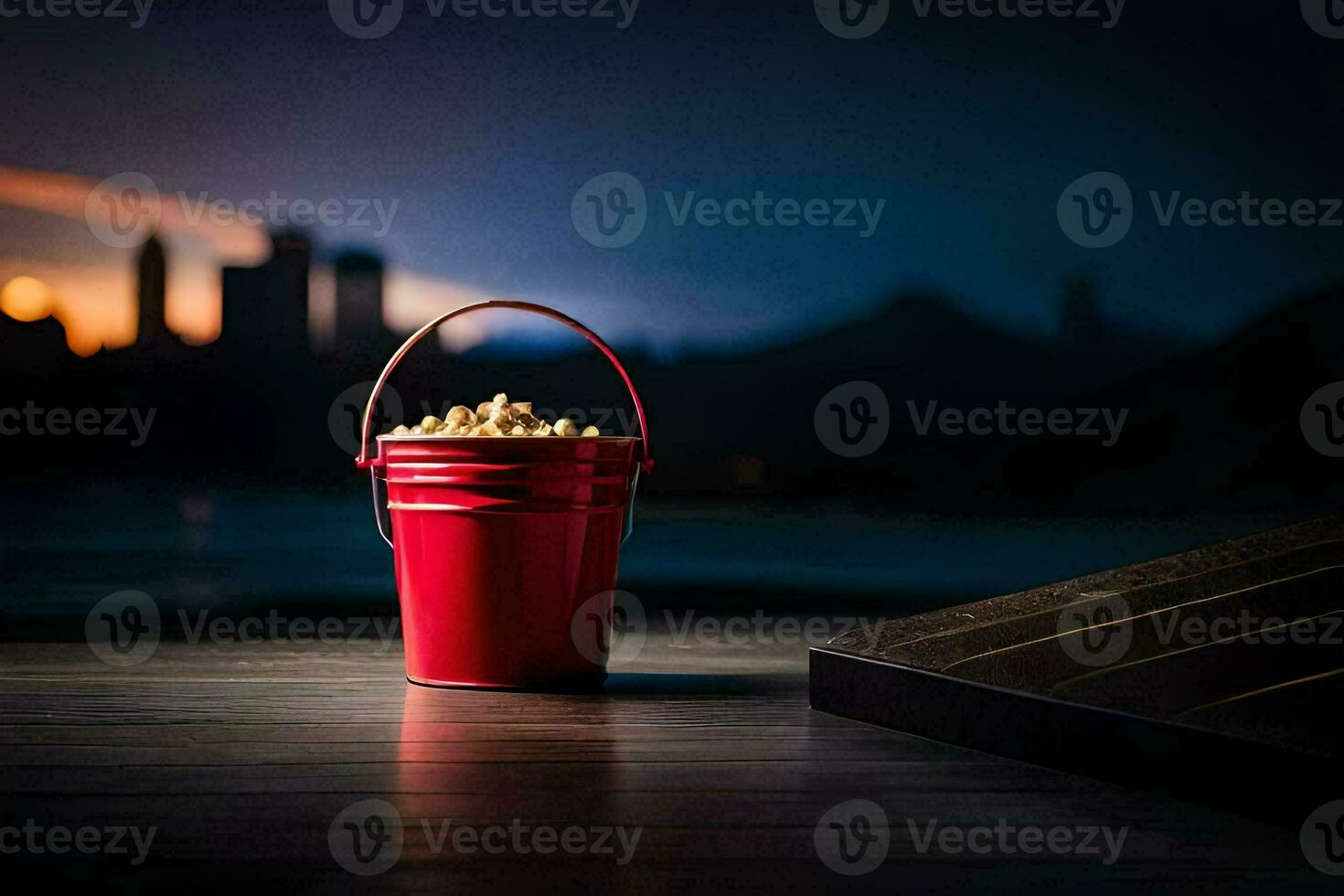 en hink av popcorn på en tabell i främre av en stad horisont. ai-genererad foto