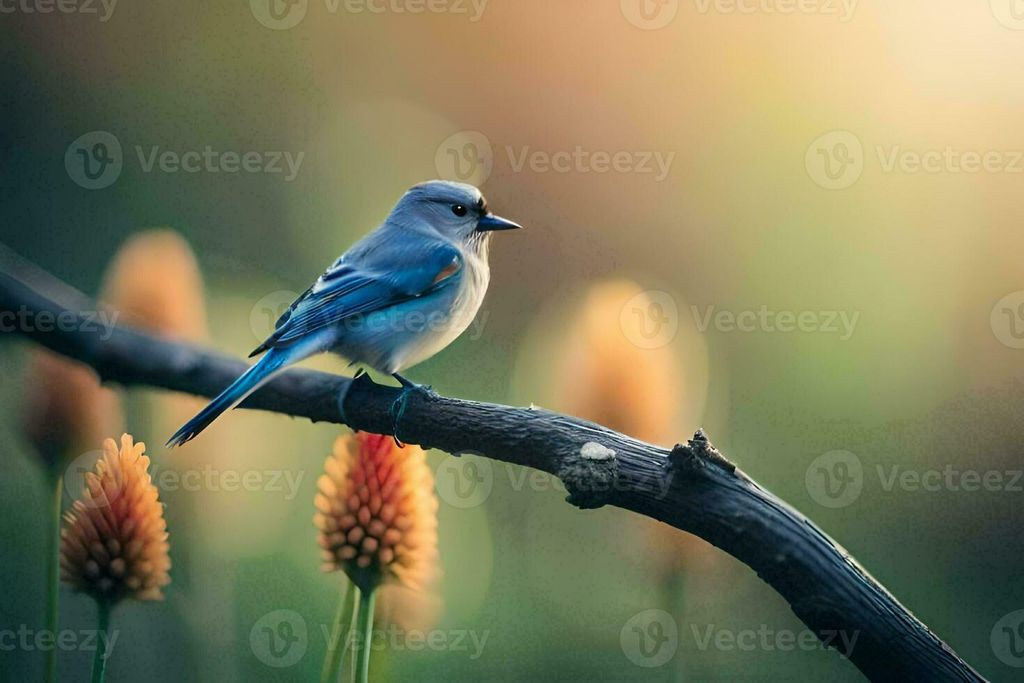 en blå fågel sitter på en gren i de Sol. ai-genererad foto