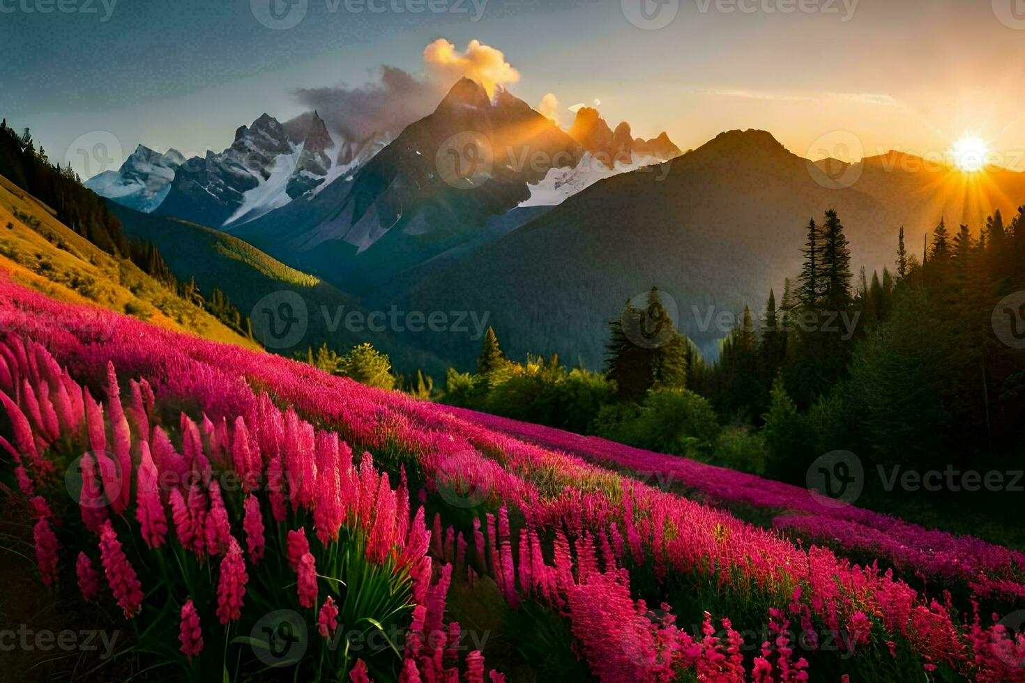 de Sol stiger över de bergen och rosa blommor blomma i de förgrund. ai-genererad foto