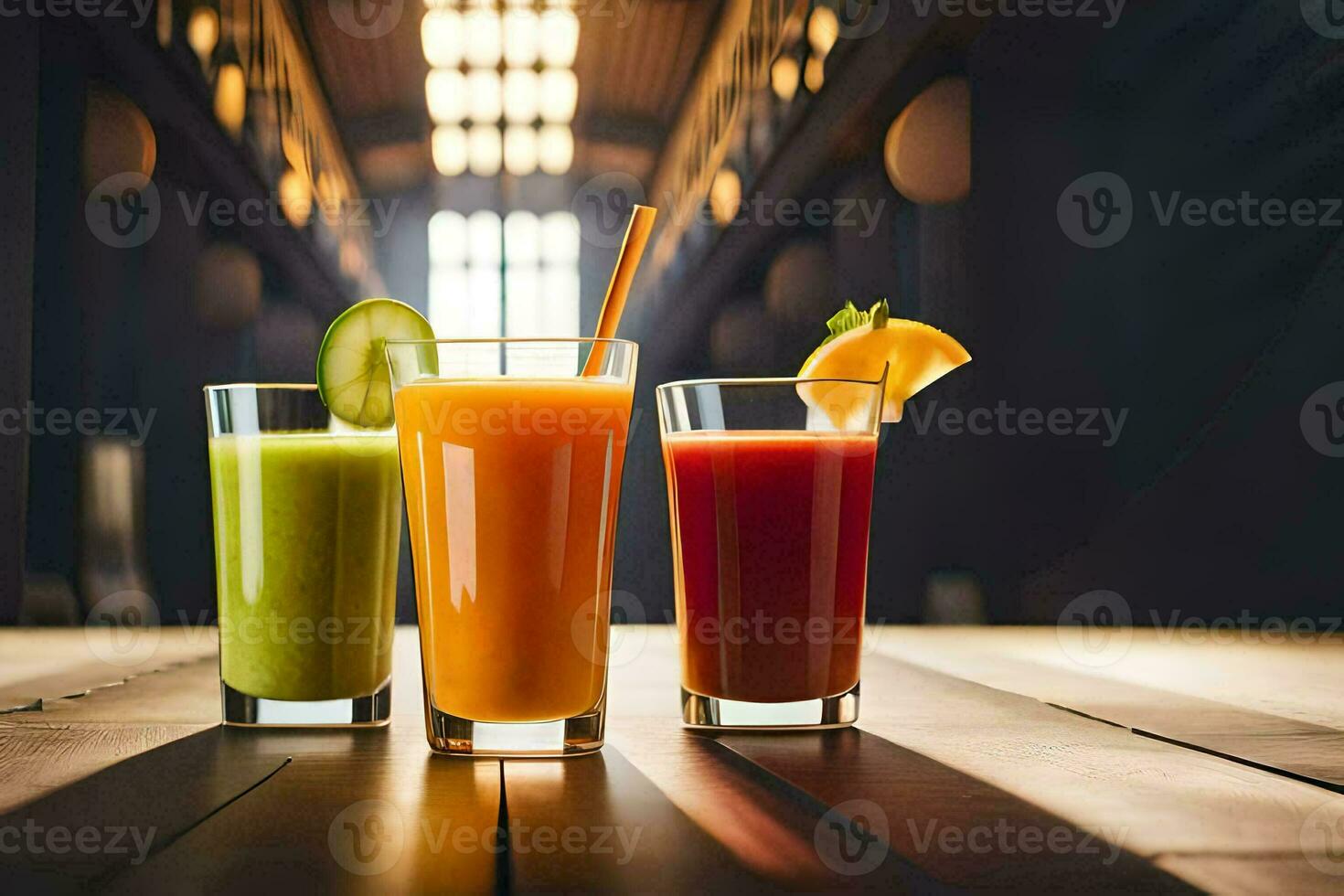 tre glasögon av juice på en trä- tabell. ai-genererad foto