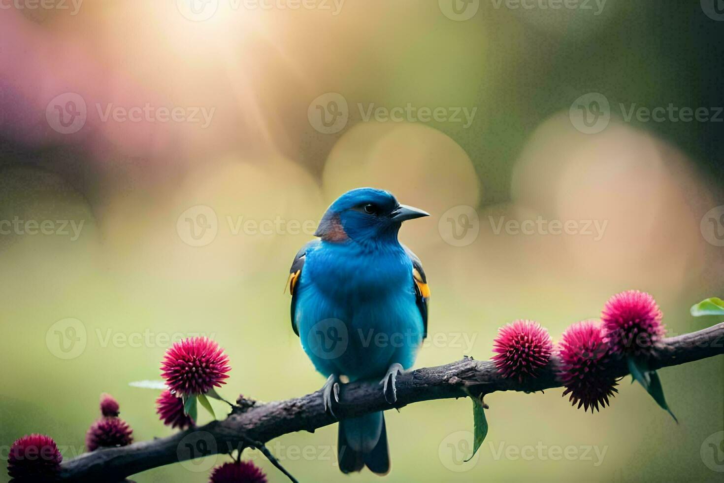 en blå fågel sitter på en gren med rosa blommor. ai-genererad foto