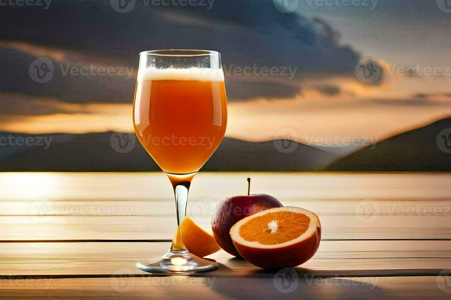 en glas av orange juice med ett äpple på en tabell. ai-genererad foto