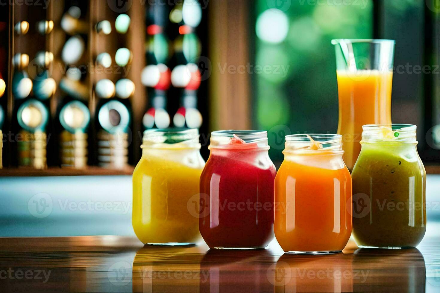 fem annorlunda typer av juicer är fodrad upp på en tabell. ai-genererad foto