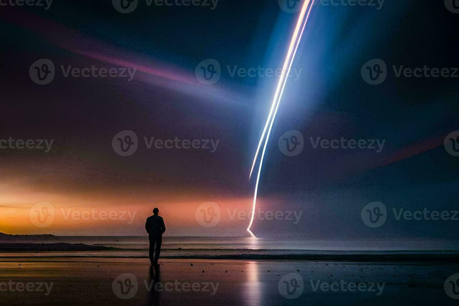 en man stående på de strand på natt med en raket spår. ai-genererad foto