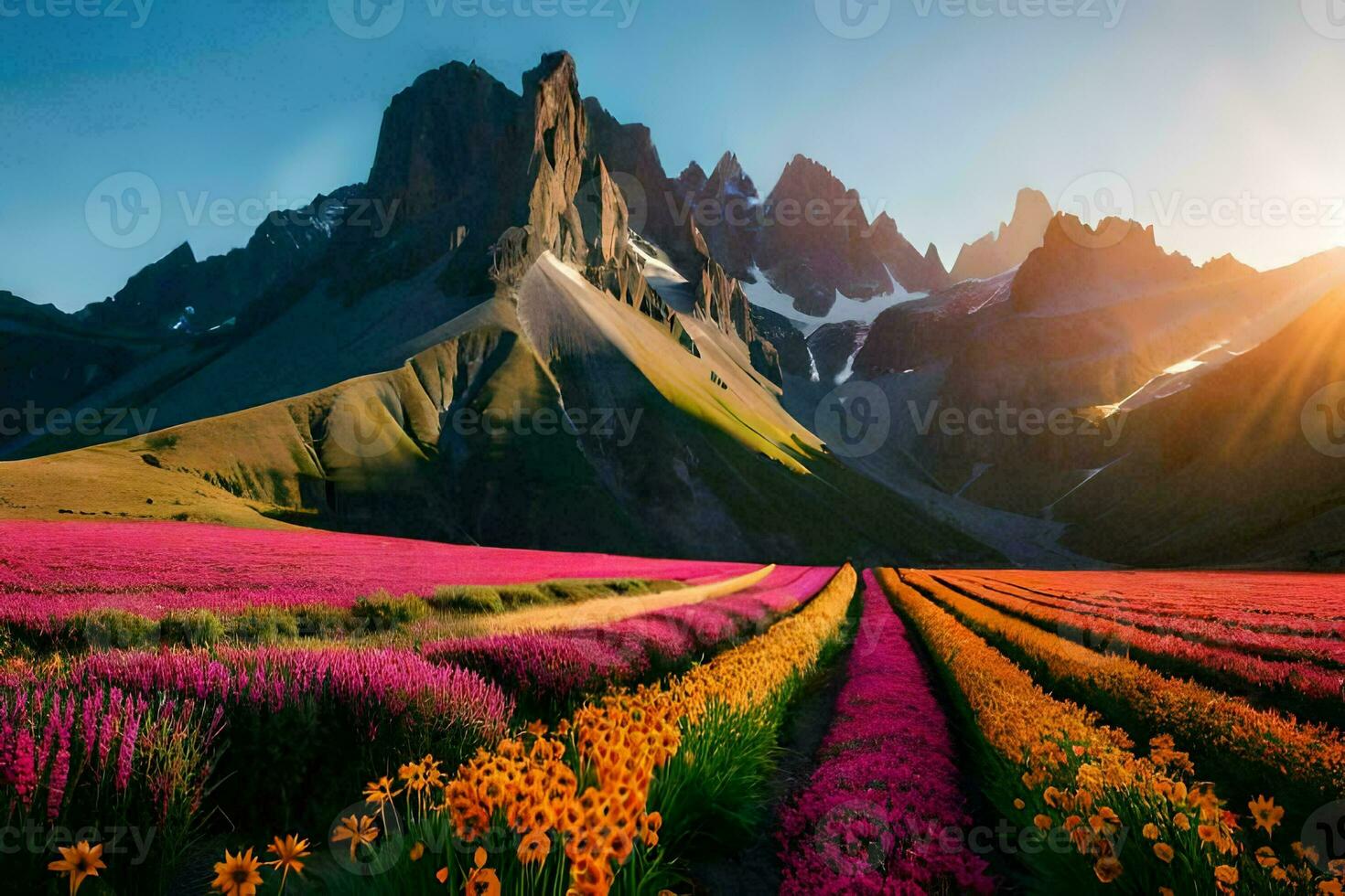 de Sol lyser på en fält av blommor och berg. ai-genererad foto