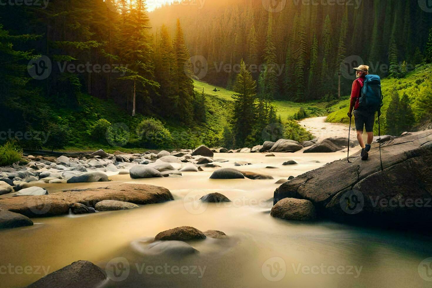en man med en ryggsäck är stående på en sten i en flod. ai-genererad foto