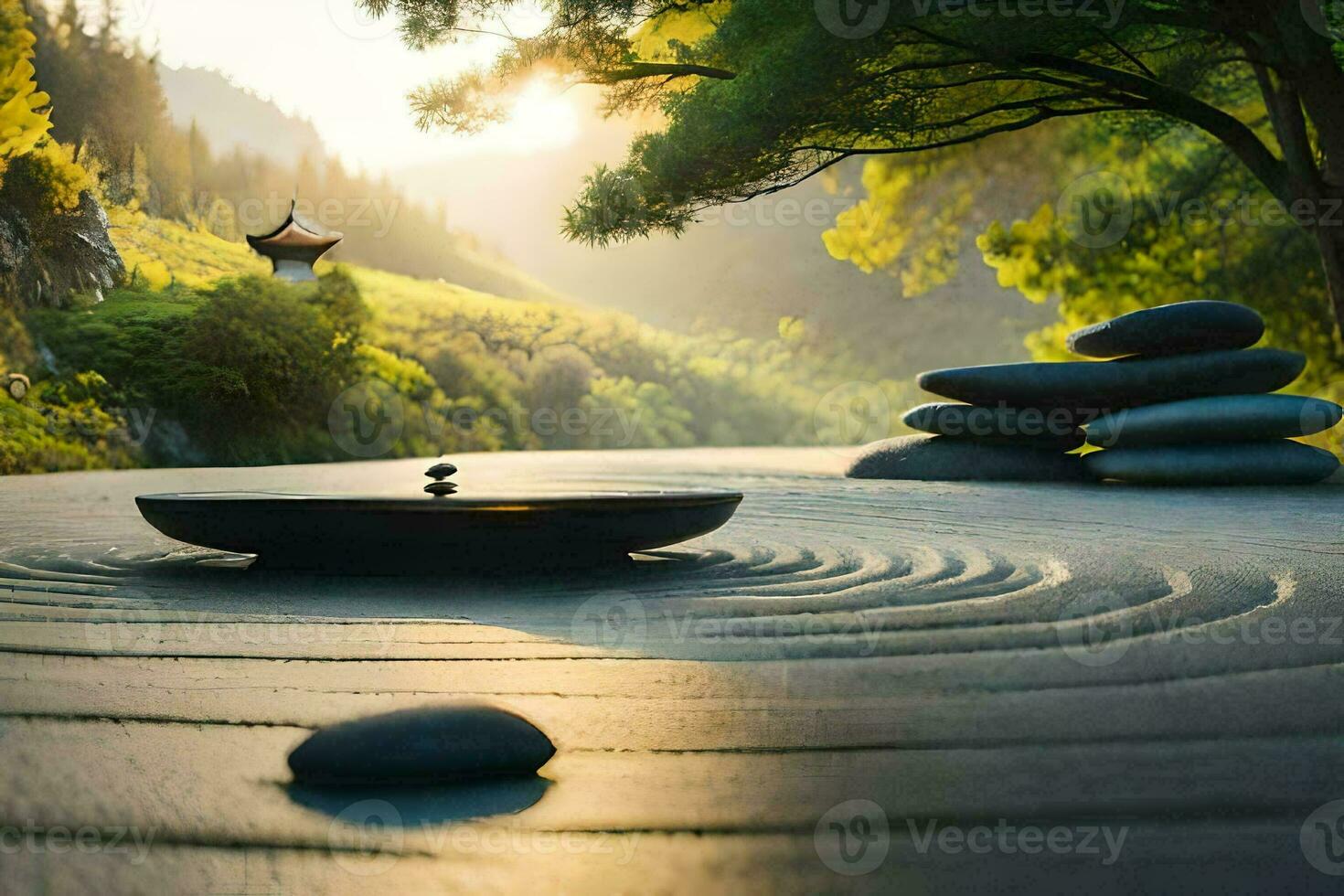 en zen trädgård med stenar och en damm. ai-genererad foto