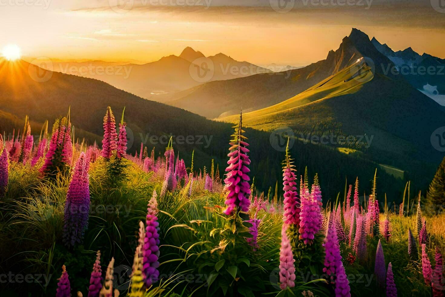de Sol stiger över de bergen och lila blommor blomma i de förgrund. ai-genererad foto