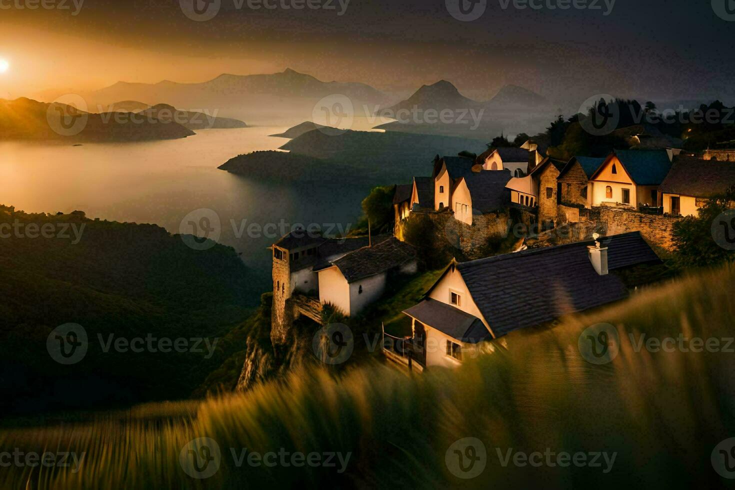 Foto tapet de himmel, berg, vatten, sjö, de Sol, de berg, de Sol. ai-genererad