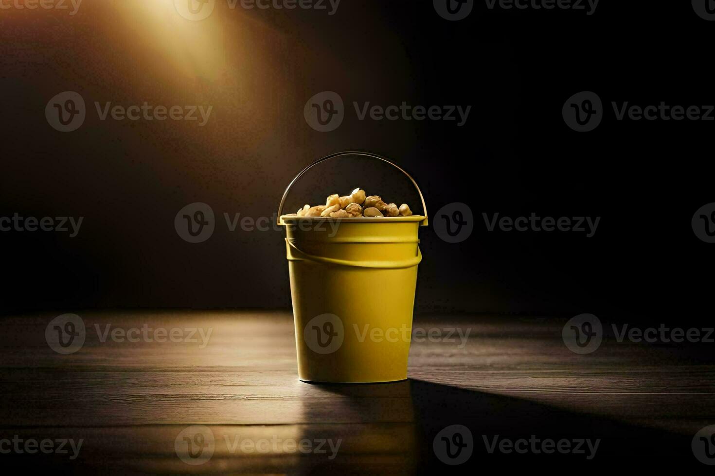 en hink av popcorn på en tabell. ai-genererad foto