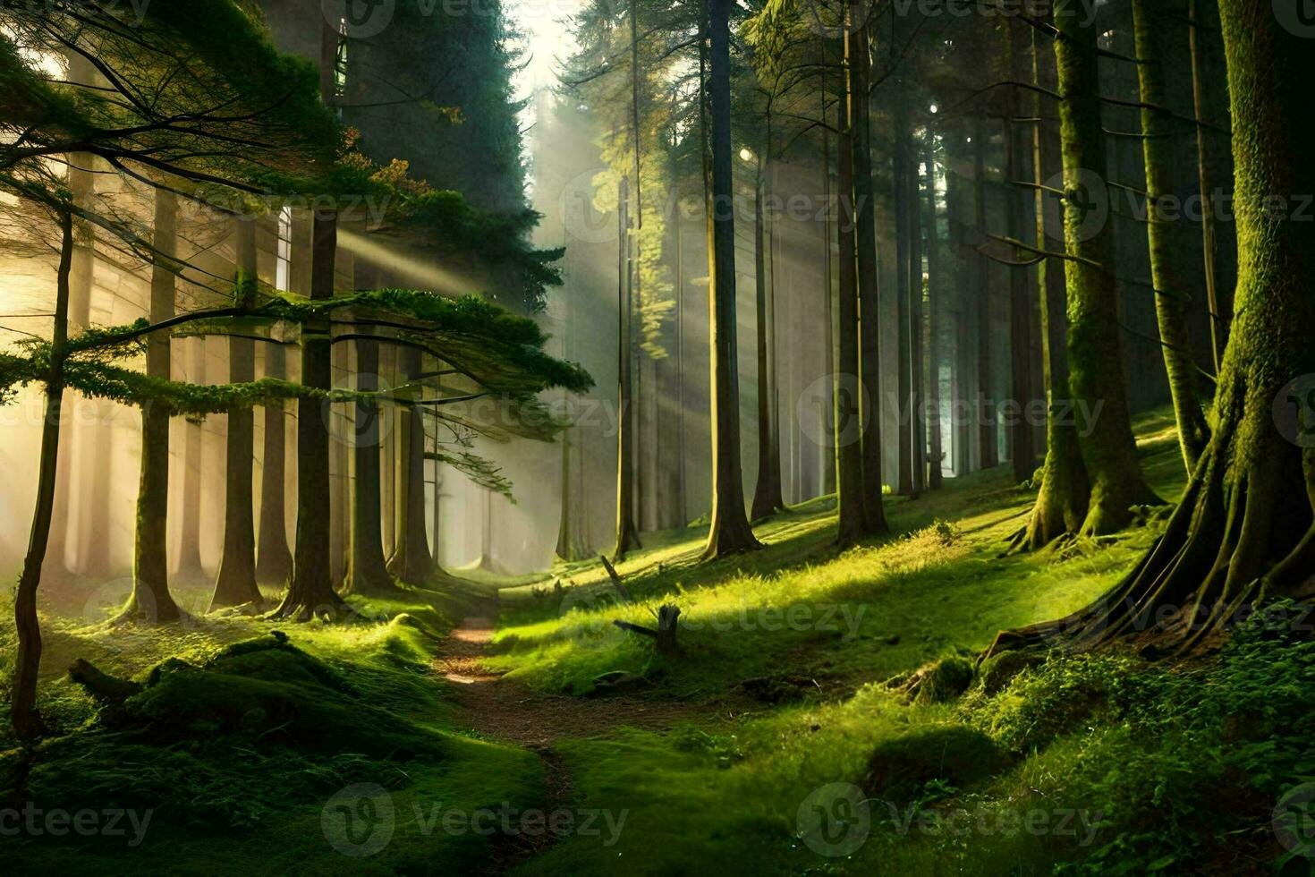 en väg genom en skog med träd och solljus. ai-genererad foto