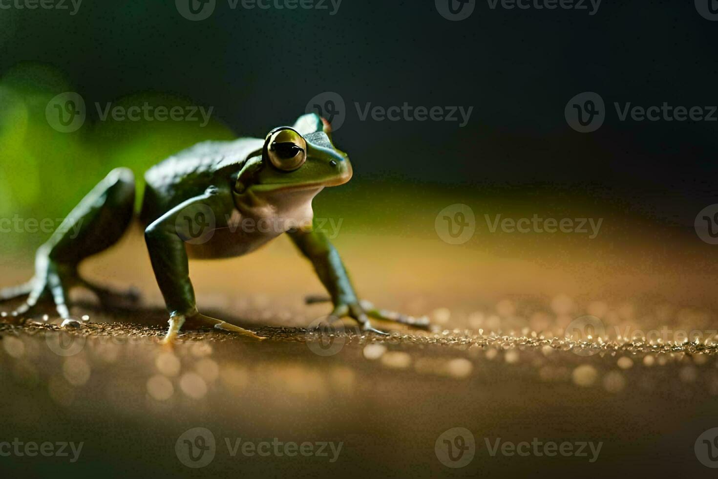 en groda är stående på de jord med en suddigt bakgrund. ai-genererad foto