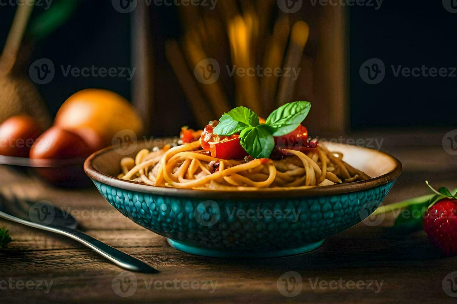 spaghetti med tomat sås och basilika löv i en skål. ai-genererad foto