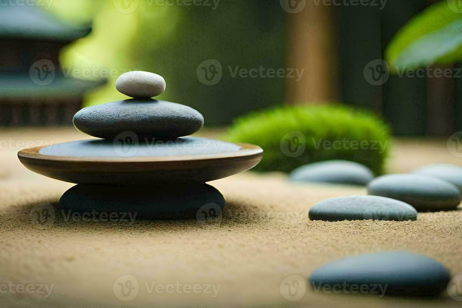 en zen trädgård med stenar och en små träd. ai-genererad foto