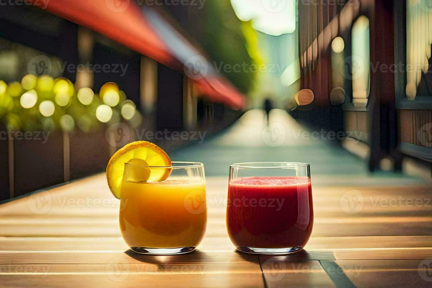 två glasögon av juice på en trä- tabell. ai-genererad foto