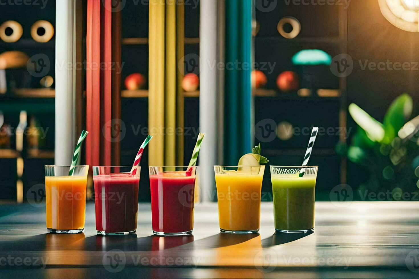 fem annorlunda färgad juicer i glasögon på en tabell. ai-genererad foto