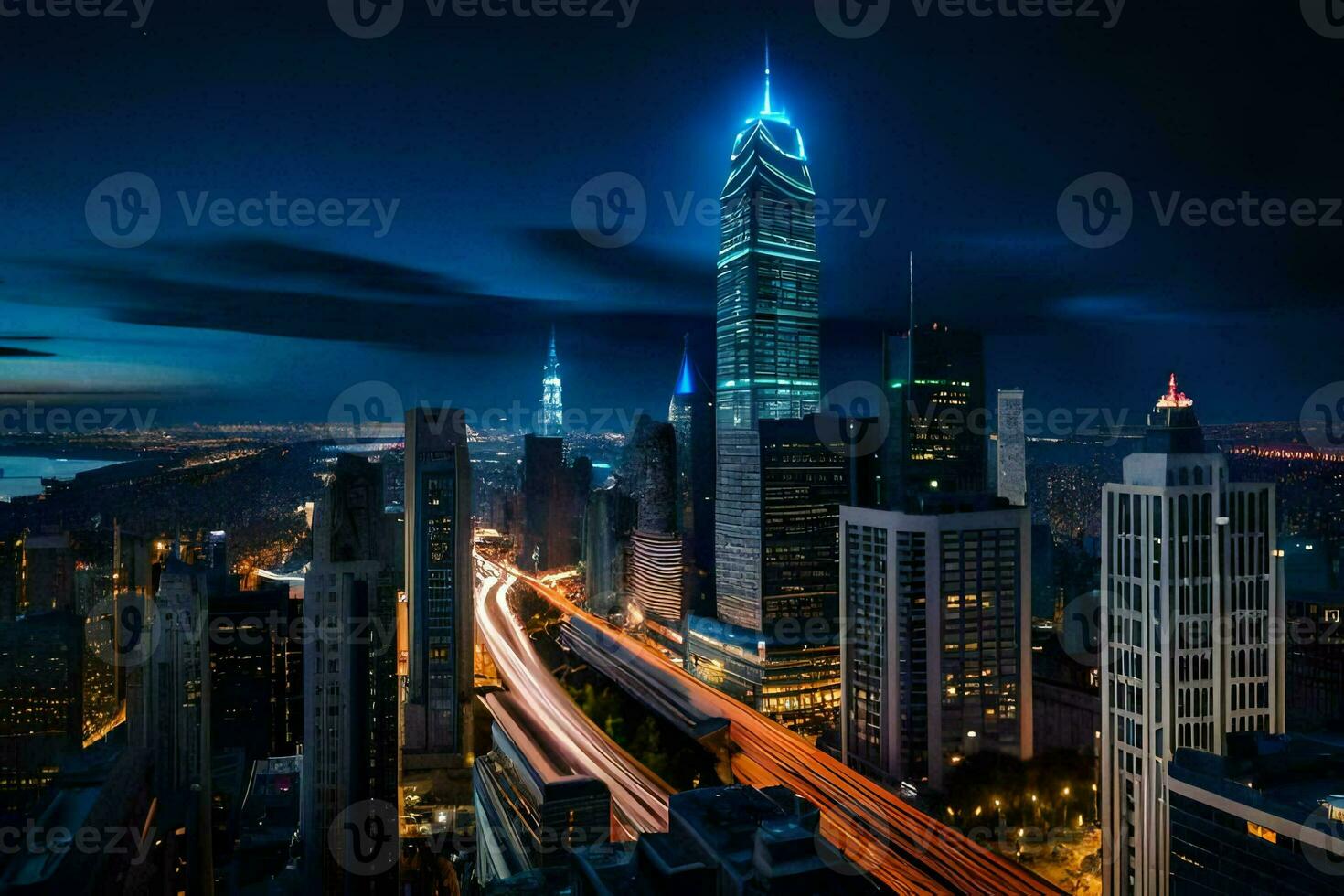 de stad horisont på natt med trafik lampor. ai-genererad foto