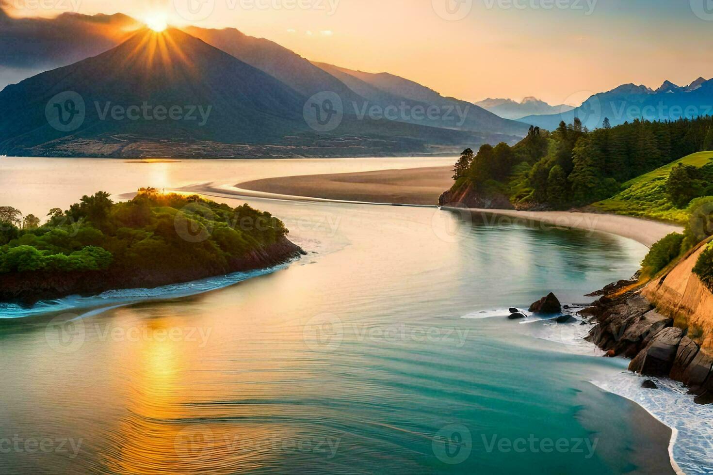 de Sol uppsättningar över en strand och berg. ai-genererad foto