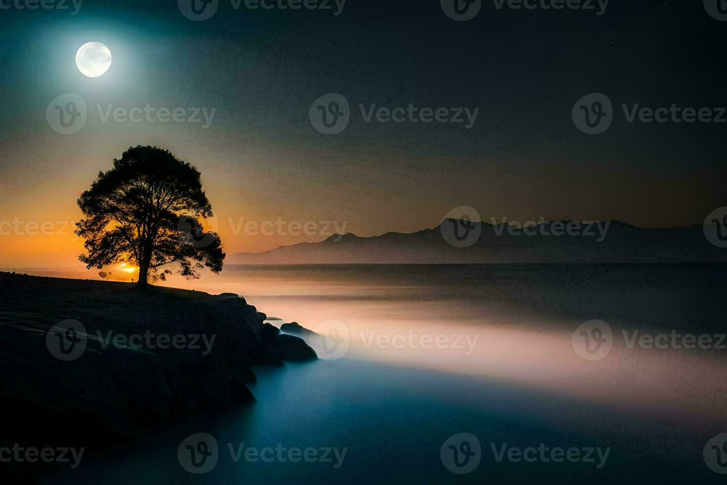 Foto tapet de himmel, de måne, de hav, de träd, de måne, de träd. ai-genererad