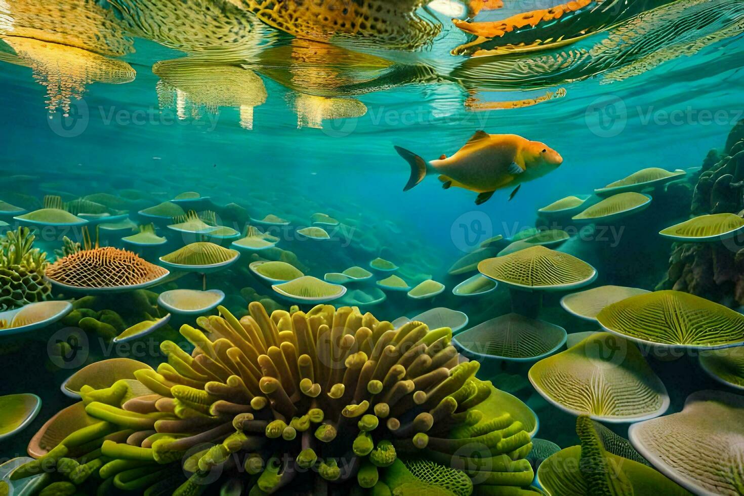 ett under vattnet se av ett under vattnet värld med fisk och korall. ai-genererad foto