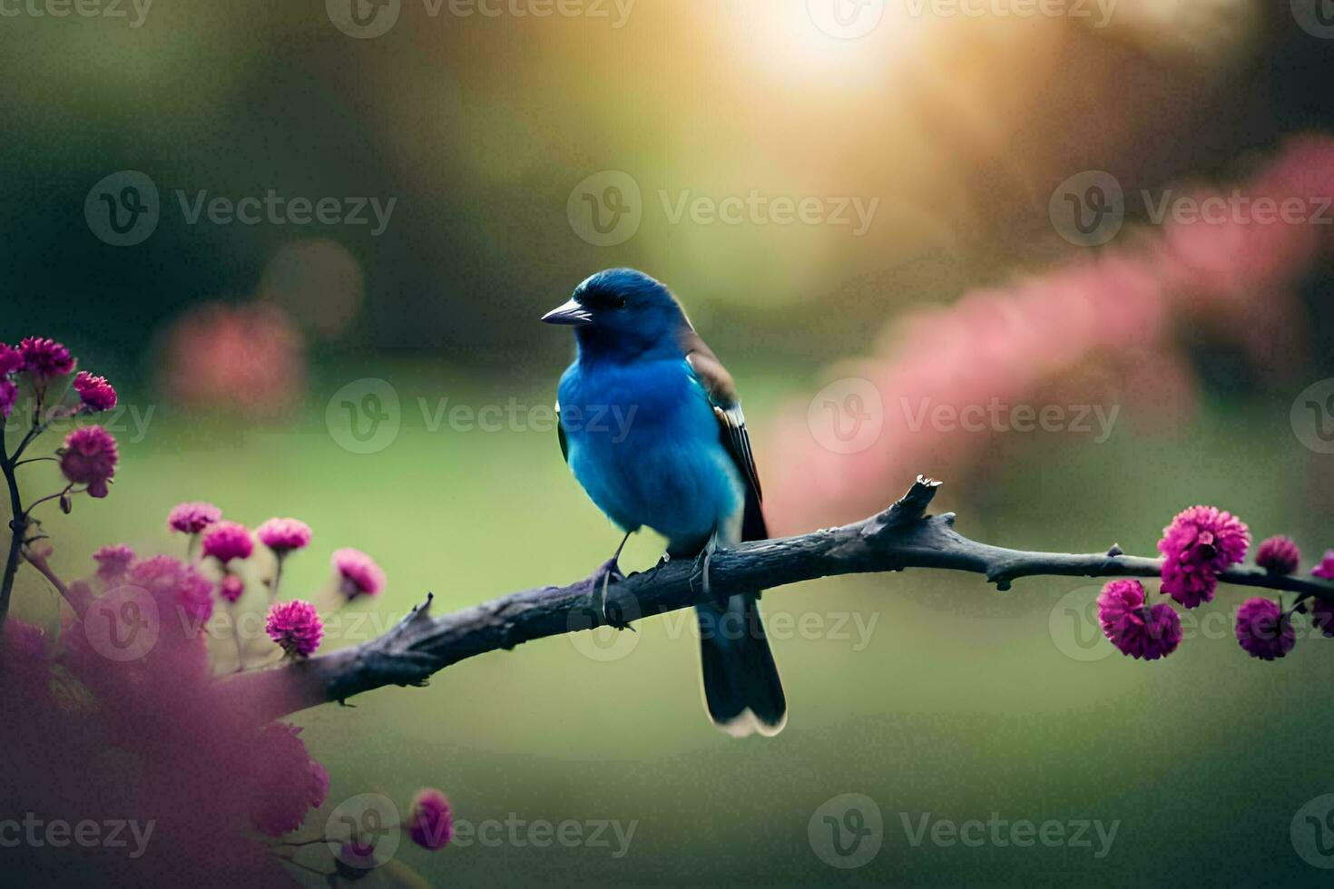 en blå fågel sitter på en gren med rosa blommor. ai-genererad foto