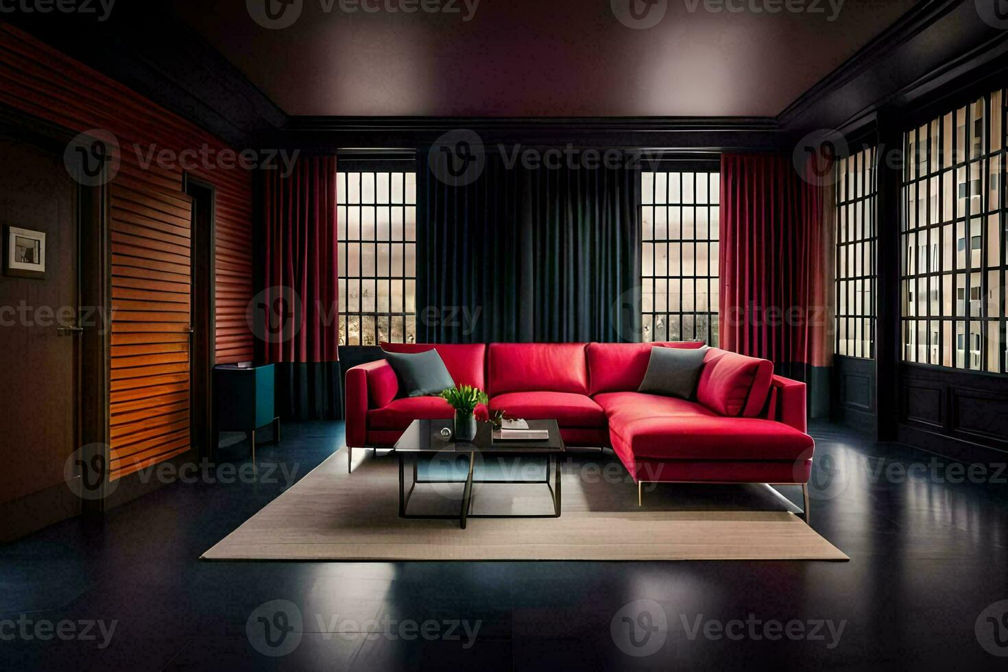 en levande rum med röd soffor och svart väggar. ai-genererad foto