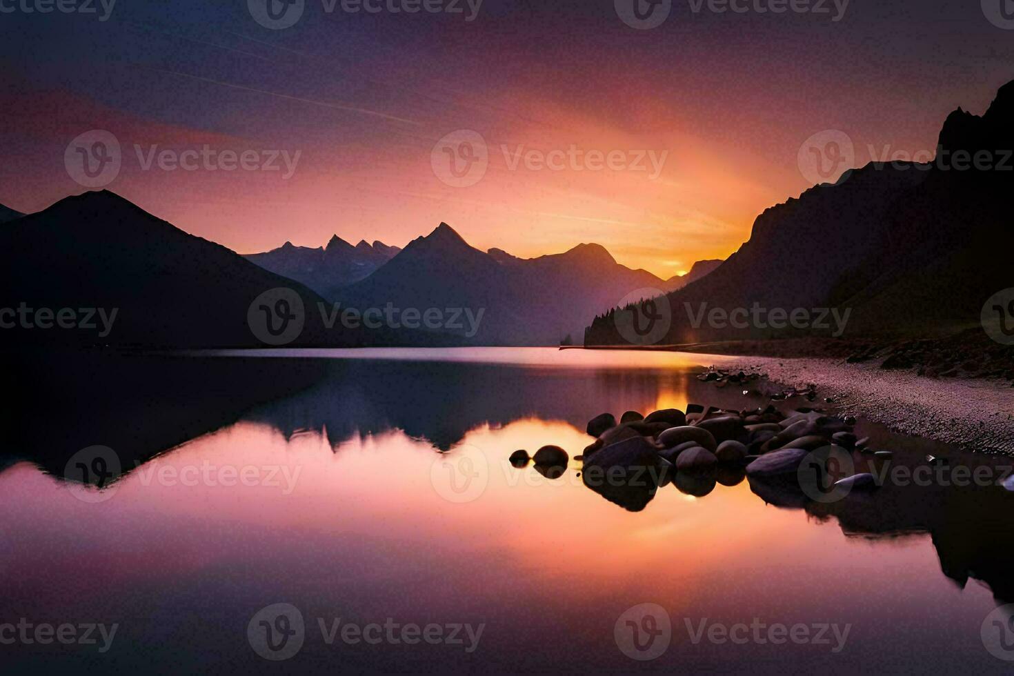 de Sol stiger över en berg sjö och rocks. ai-genererad foto