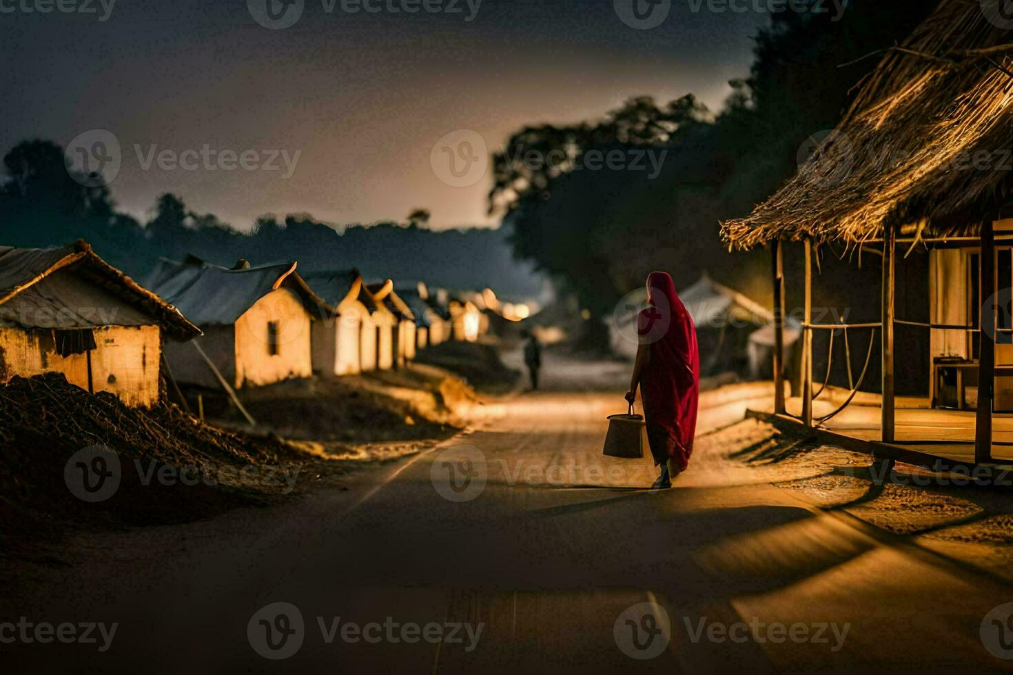 en kvinna promenader ner en väg i en by på natt. ai-genererad foto