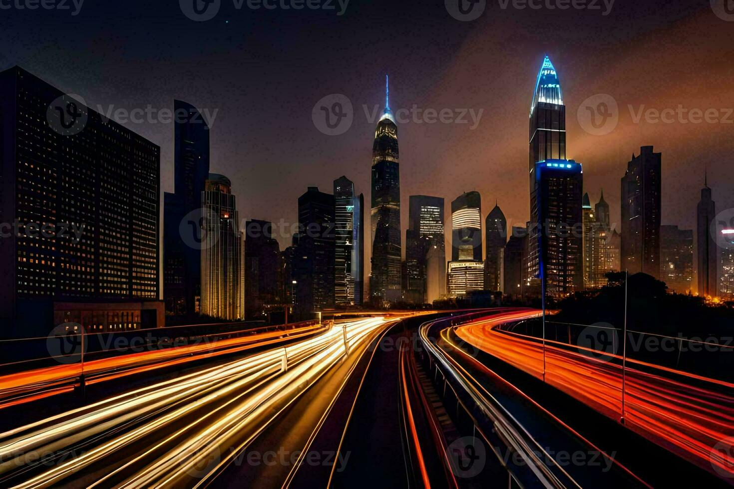 en stad horisont på natt med trafik lampor. ai-genererad foto
