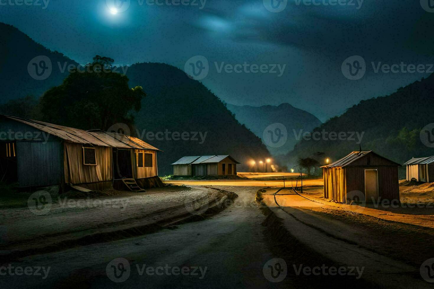 en väg på natt med en få hus och en full måne. ai-genererad foto