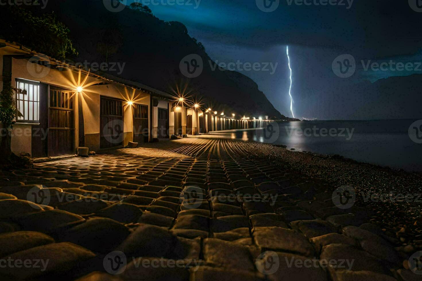 blixt- strejker de himmel över en strand på natt. ai-genererad foto