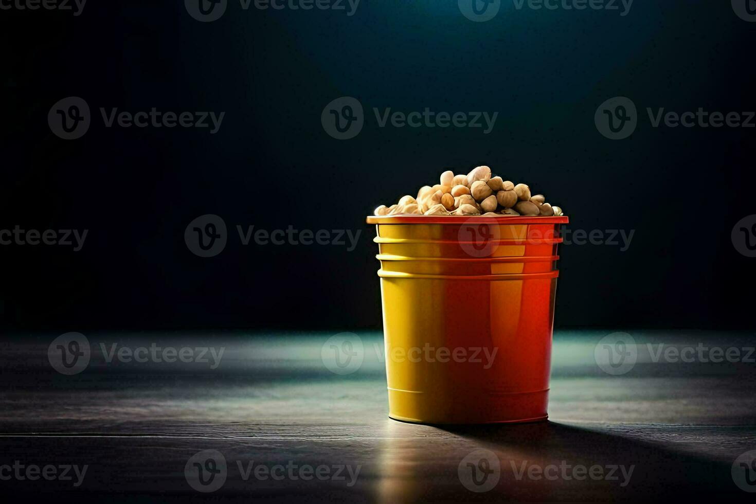 popcorn i en kopp på en mörk tabell. ai-genererad foto