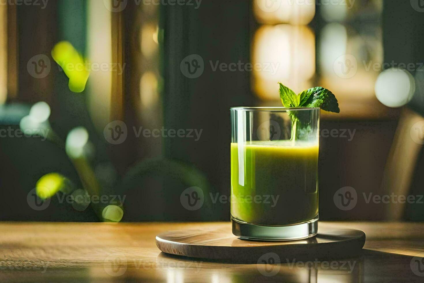 en glas av grön juice på en trä- tabell. ai-genererad foto