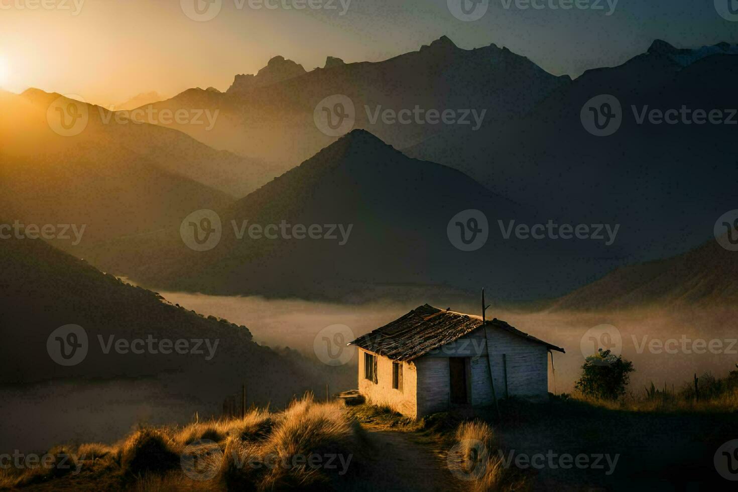 de Sol stiger över de bergen i de bakgrund. ai-genererad foto