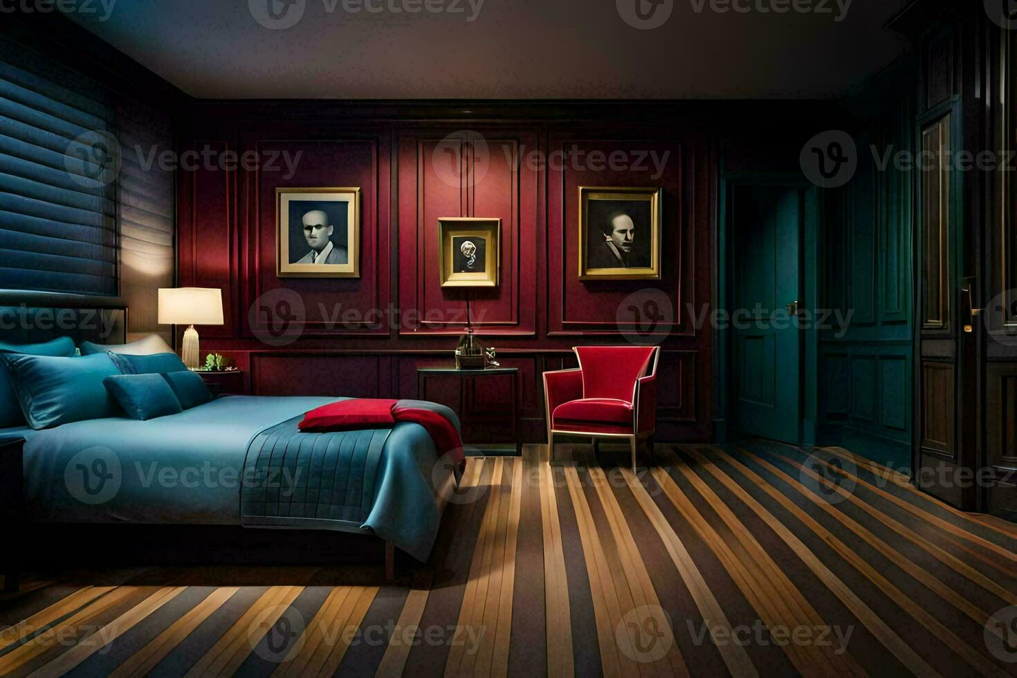 en sovrum med röd väggar och trä golv. ai-genererad foto