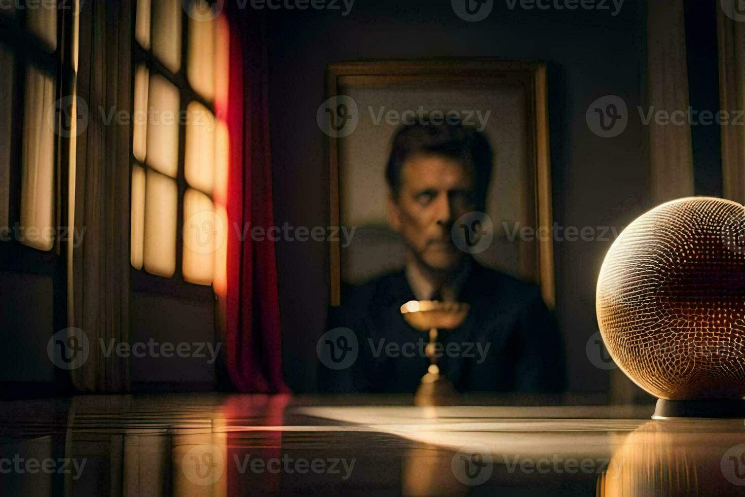 en gyllene boll Sammanträde på en tabell i främre av en man. ai-genererad foto