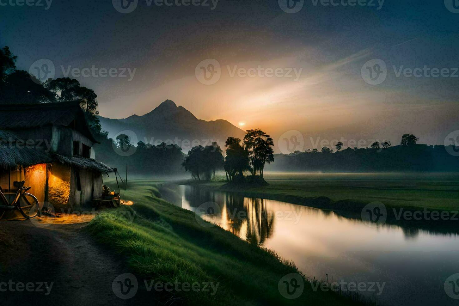 de Sol stiger över de bergen och de flod. ai-genererad foto