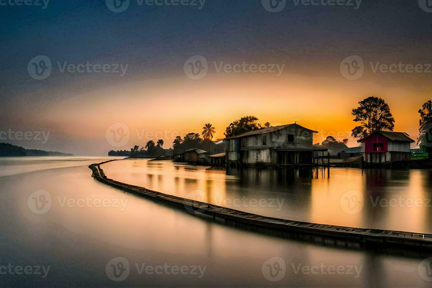 en lång exponering fotografera av en hus på de vatten. ai-genererad foto