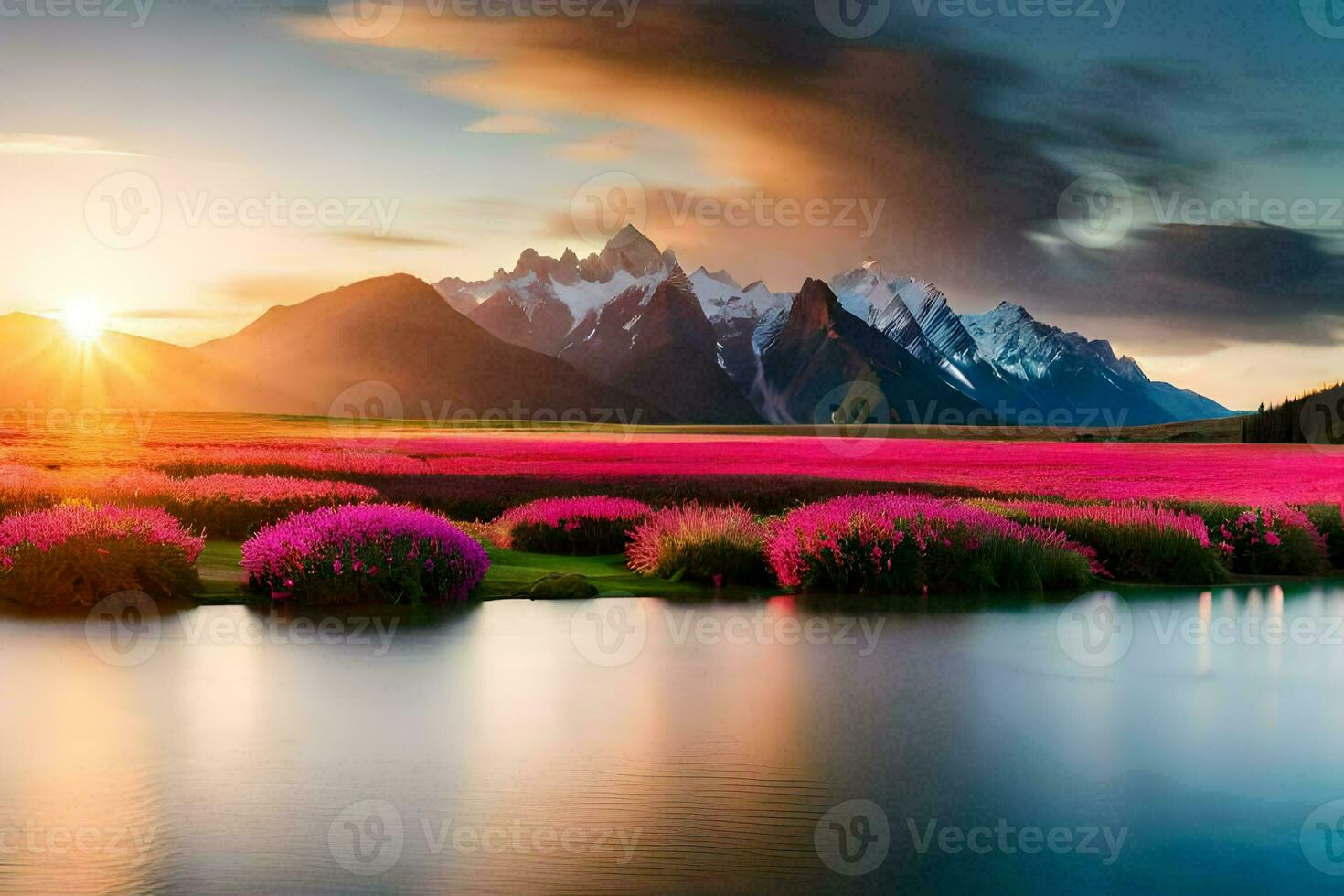 de Sol stiger över en sjö och rosa blommor. ai-genererad foto