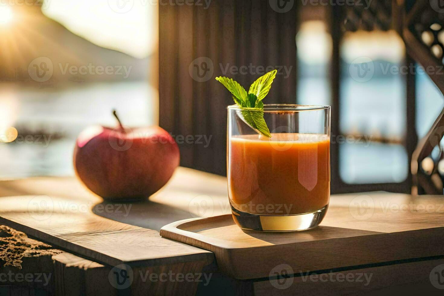 en glas av juice med ett äpple på en tabell. ai-genererad foto