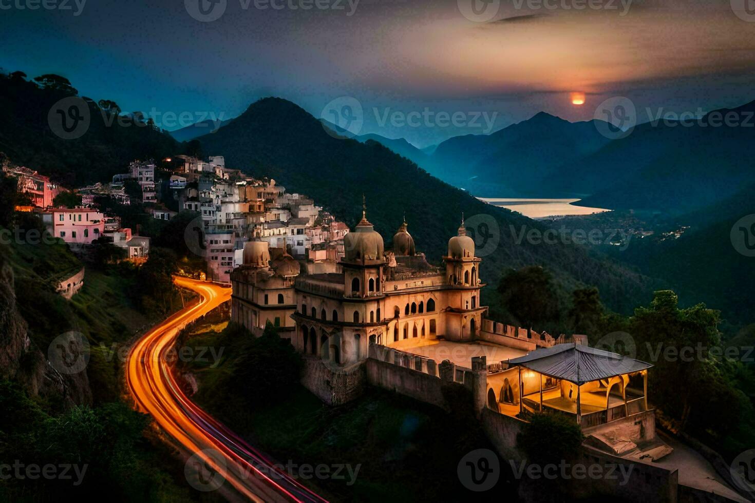 de solnedgång över de stad av udaipur, Indien. ai-genererad foto