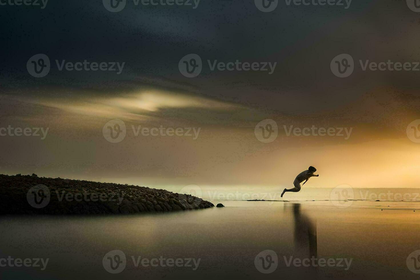 en man Hoppar in i de vatten på solnedgång. ai-genererad foto