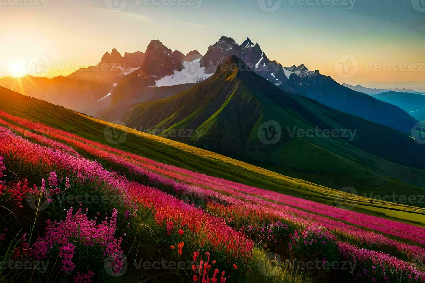 de Sol stiger över de bergen och blommor i de förgrund. ai-genererad foto