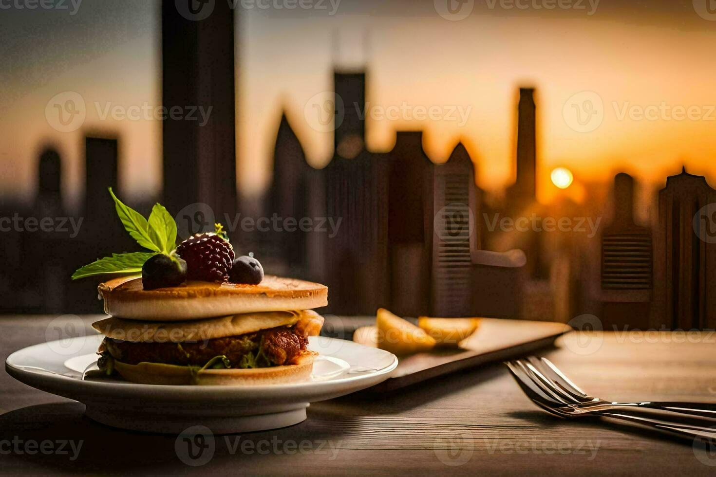 en stack av pannkakor på en tallrik med en stadsbild i de bakgrund. ai-genererad foto